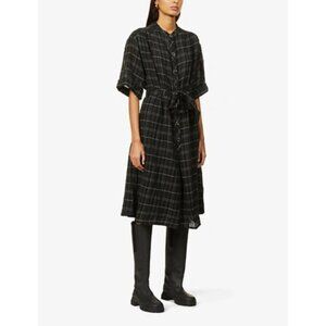 Sessun Loevan fit flare shirtdress black tan plaid crinkle tie belt new X-Small